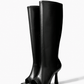 Pair of black stretch microfiber leather open-toe knee boots