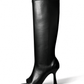 Black stretch microfiber leather open-toe knee-high boots, side view