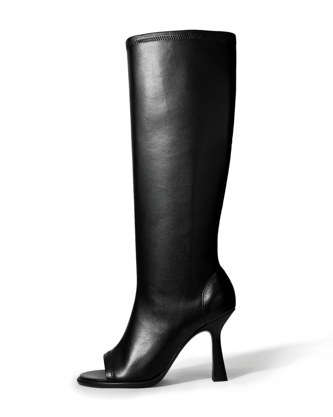Black stretch microfiber leather open-toe knee-high boots, side view