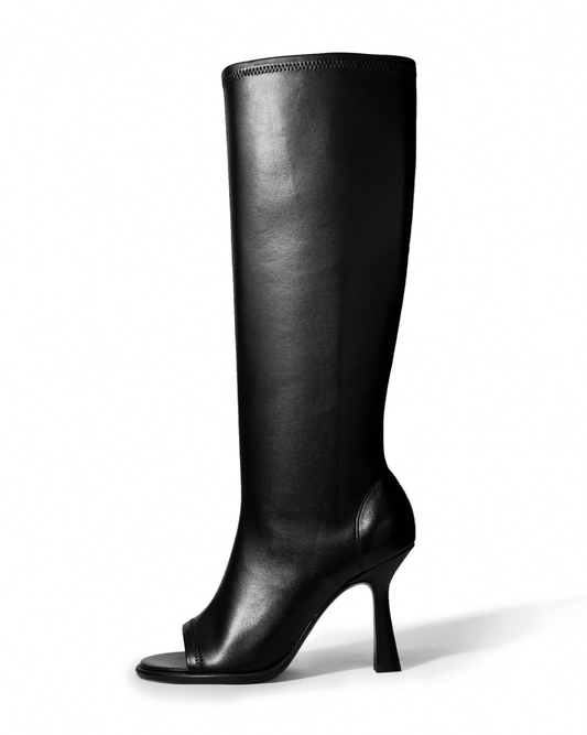 Black stretch microfiber leather open-toe knee-high boots, side view
