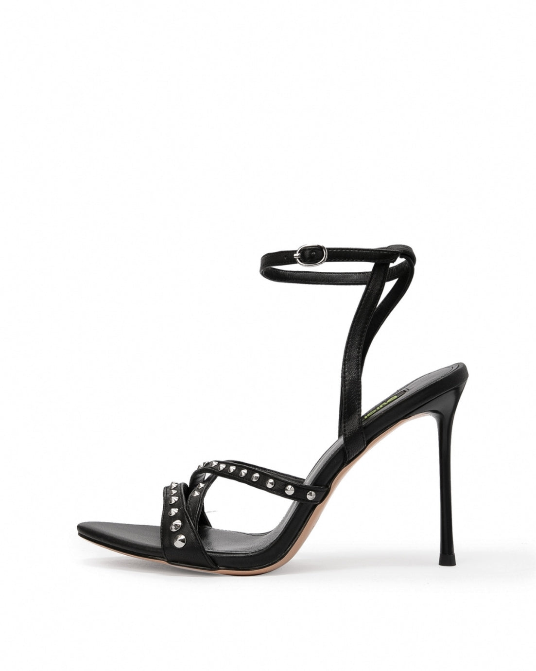 Black leather studded cross-strap heels with slim stiletto heel, side profile