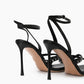 Rear view of black studded leather heels showing slim ankle straps and stiletto heels