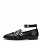 Black leather ballet flat with square toe, triple silver buckles and ankle strap, side profile