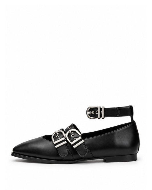 Black leather ballet flat with square toe, triple silver buckles and ankle strap, side profile