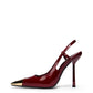Burgundy patent leather T-strap heel with polished gold-tone metal toe cap, side profile