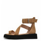 Camel suede ankle-cuff platform sandals with black sole, side view