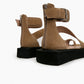 Rear view of camel suede ankle-cuff sandals with zipper fastening