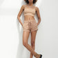 Full-length studio styling with camel suede platform sandals