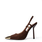 Chocolate-brown suede slingback heel with gold-tone pointed toe cap and slim high heel, side profile