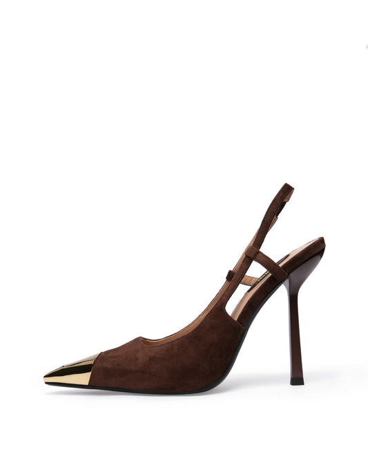 Chocolate-brown suede slingback heel with gold-tone pointed toe cap and slim high heel, side profile
