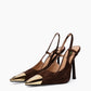 Pair of brown genuine suede T-strap heels with polished gold-tone toe caps