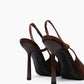 Rear view of brown suede slingback heels showing narrow straps and slim stilettos