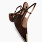 Top angled view of chocolate suede slingbacks with gold metal toe details