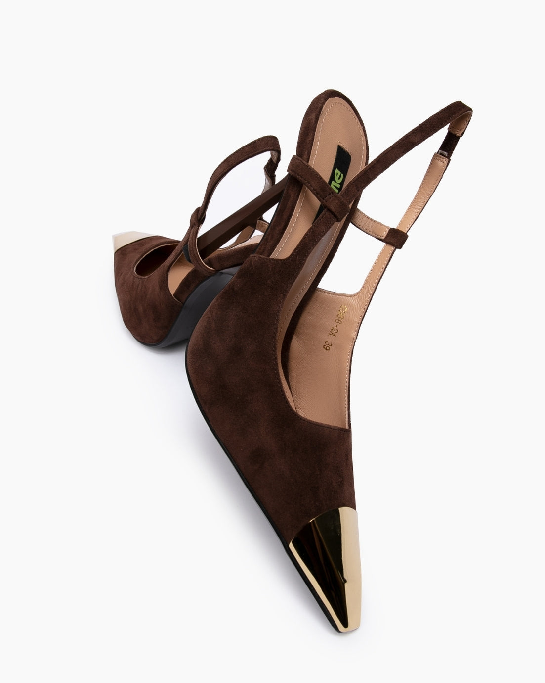 Top angled view of chocolate suede slingbacks with gold metal toe details