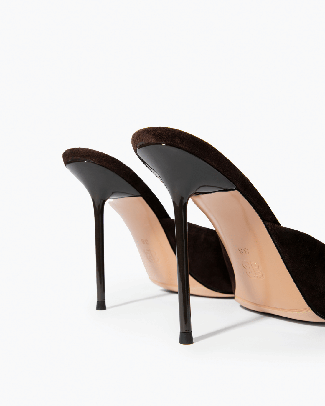 Chocolate suede mules, stiletto heel and sole detail