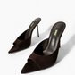 Dark brown suede stiletto mules, front angle
