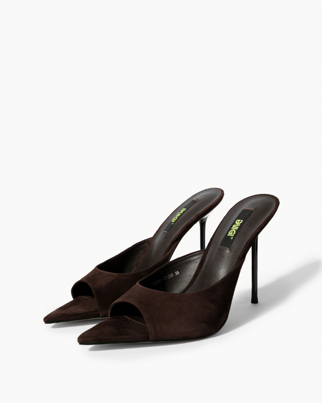 Pair of dark chocolate genuine suede pointed-footbed mules