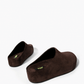 Dark chocolate suede platform clogs, rear three-quarter view