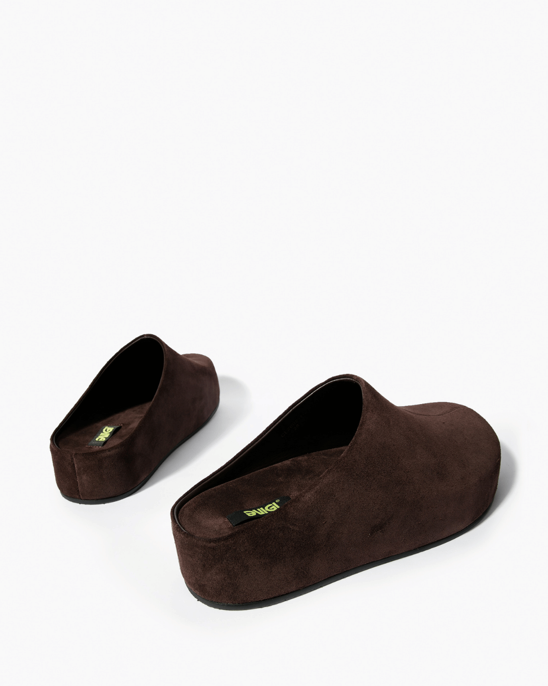 Dark chocolate suede platform clogs, rear three-quarter view