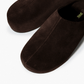 Dark chocolate suede clogs with tonal centre seam detail