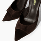 Dark chocolate suede mules with open toe and pointed footbed detail