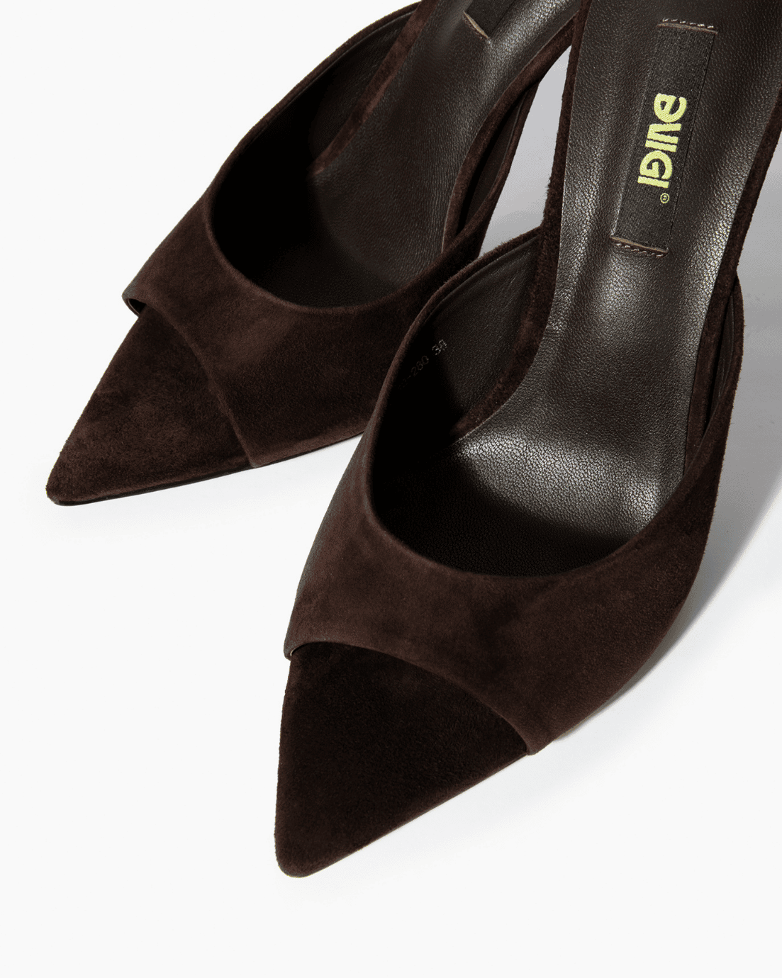 Dark chocolate suede mules with open toe and pointed footbed detail