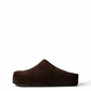 Dark chocolate genuine suede platform clogs, side view