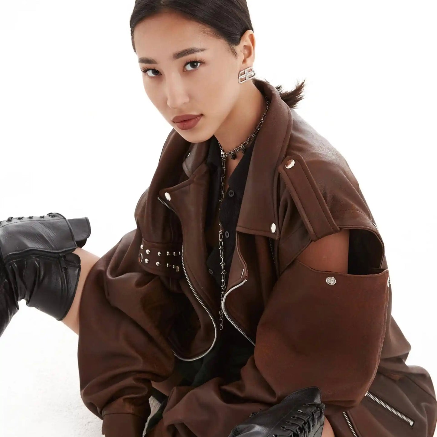 Oversized biker jacket brown