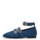 Indigo denim ballet flat with square toe, triple silver buckles and ankle strap, side profile