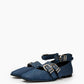 Pair of indigo denim ballet flats with square toes and silver-tone buckle straps