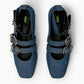 Top view of indigo denim ballet flats with two instep straps and ankle buckles