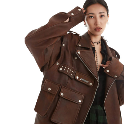 Oversized biker jacket brown