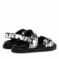 Rear side view of printed leather sandals with ankle strap and black treaded sole