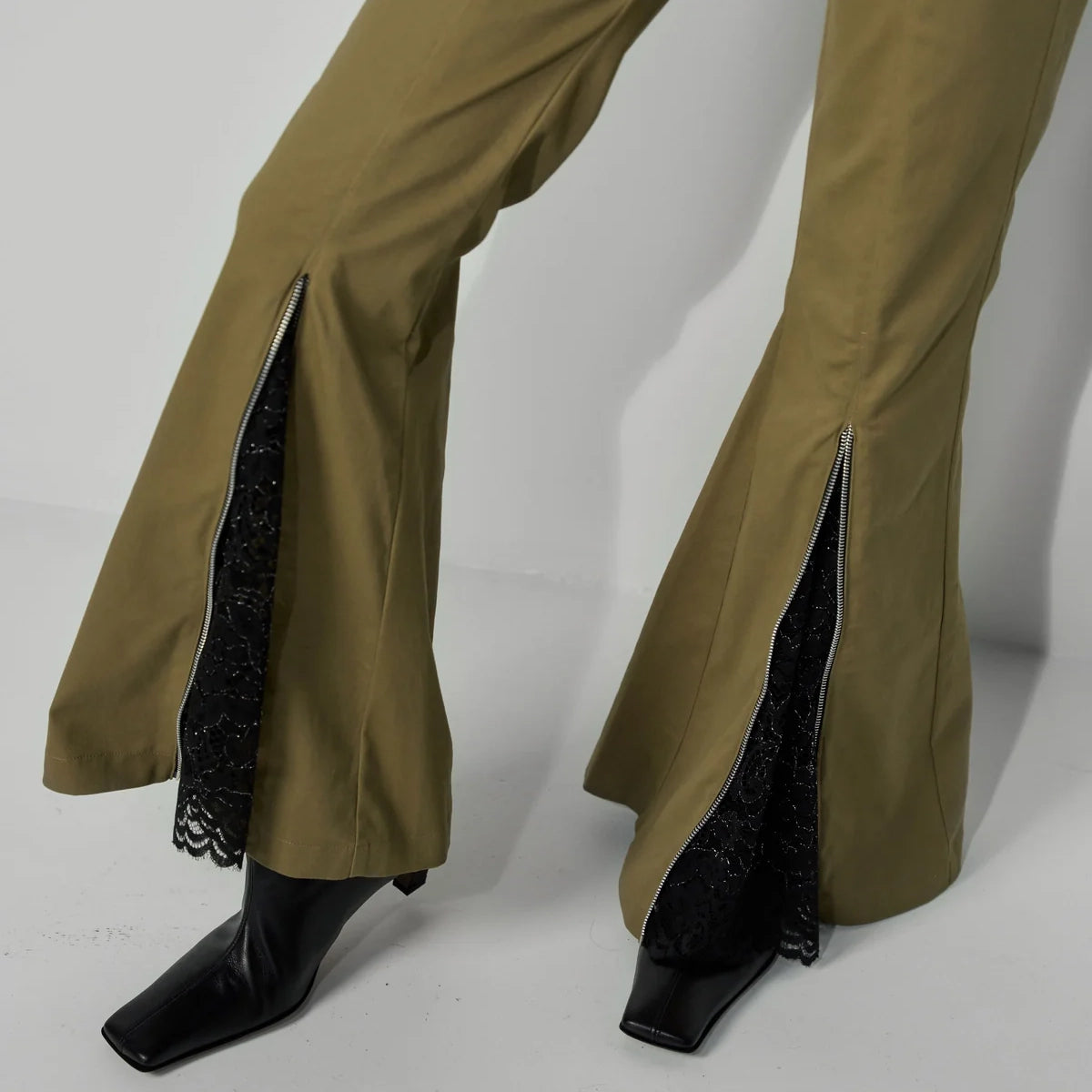 FLARED PANTS WITH LACE DETAILS IN KHAKI