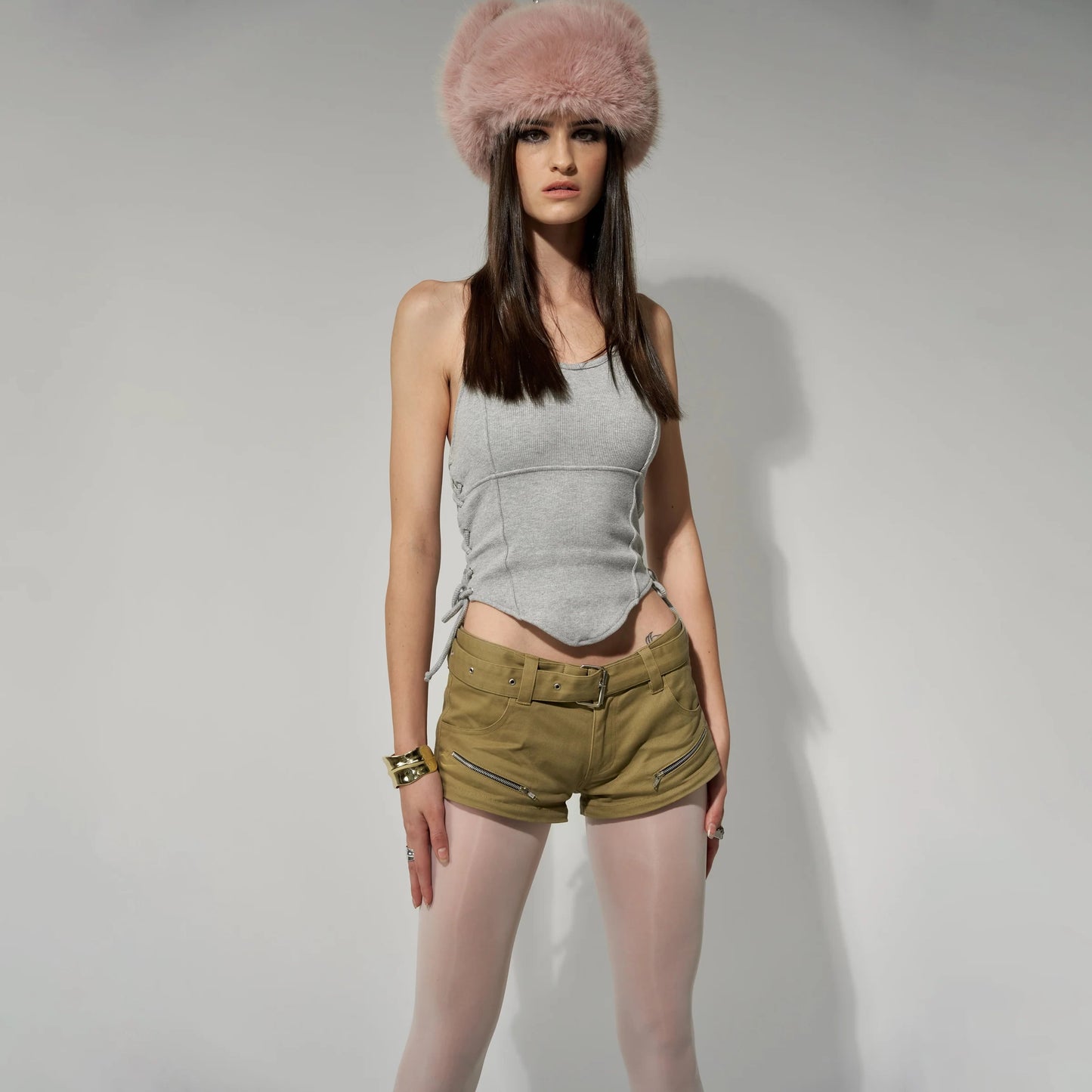 MINI SHORTS WITH METAL ZIP DETAILS IN KHAKI
