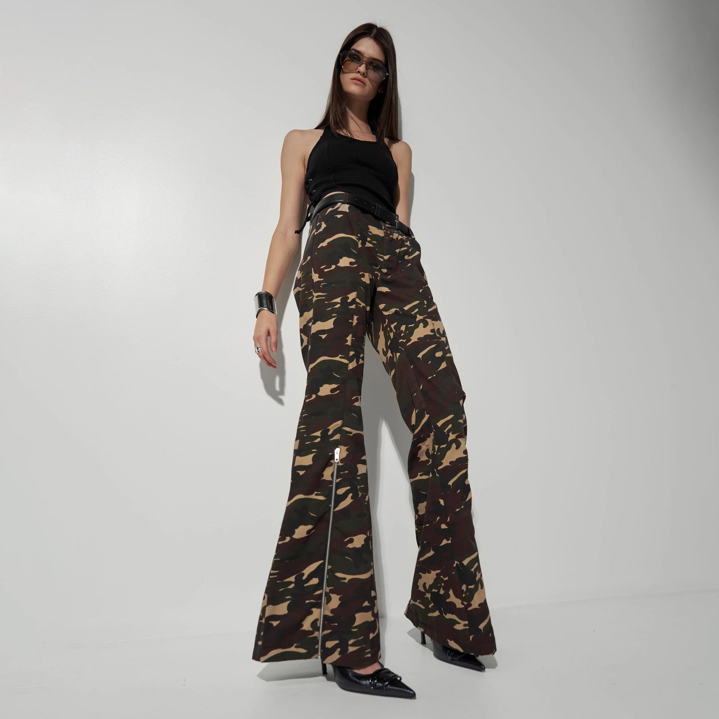 FLARED PANTS WITH LACE DETAILS IN CAMO