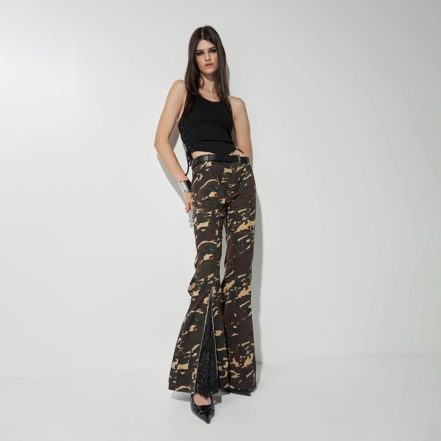 FLARED PANTS WITH LACE DETAILS IN CAMO