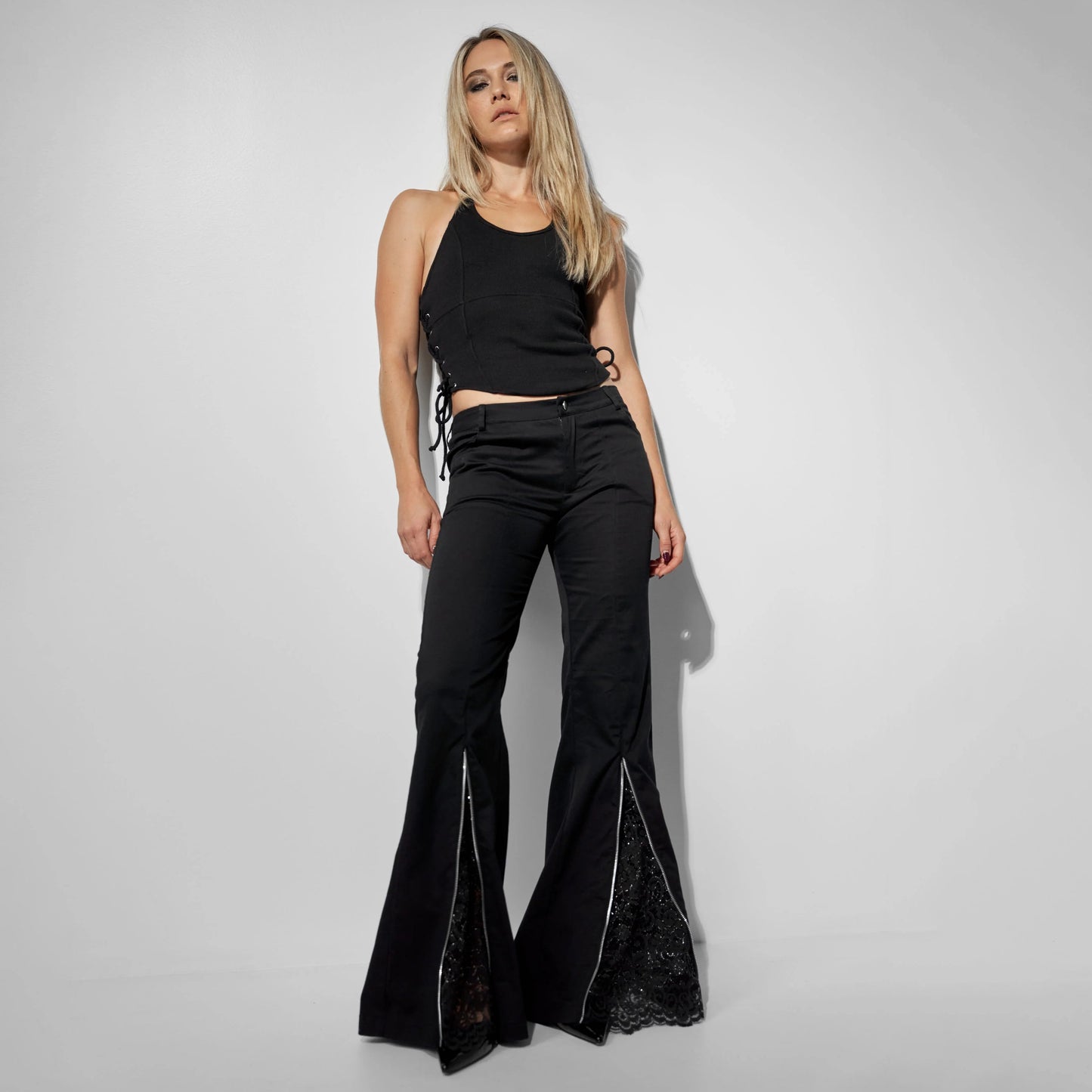 FLARED PANTS WITH LACE DETAILS IN BLACK