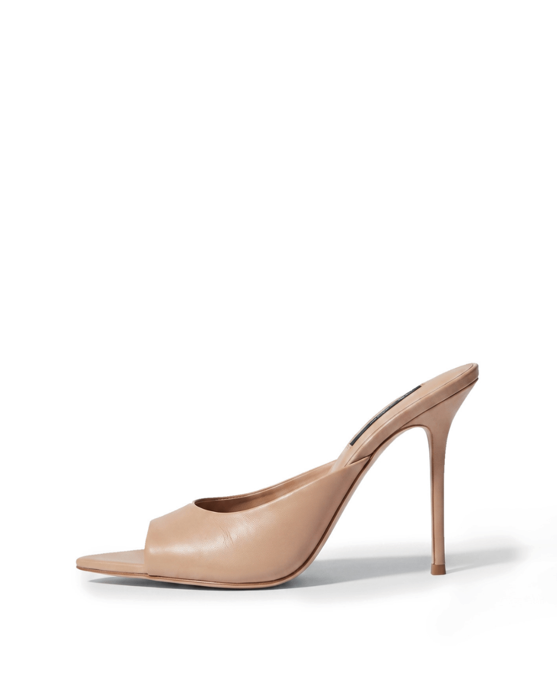 Nude beige genuine leather open-toe stiletto mules, side view