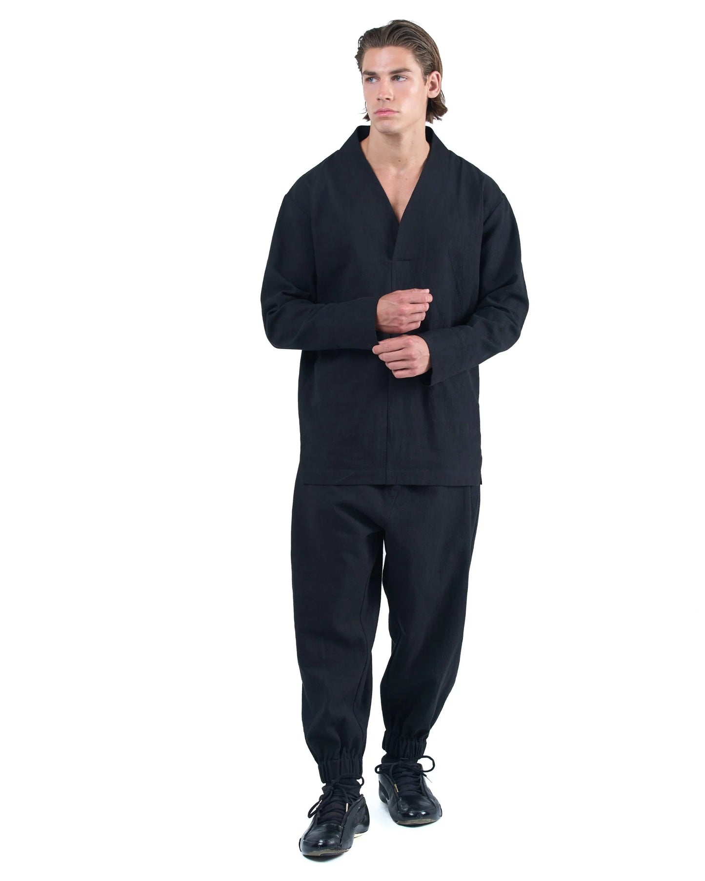 Black Ramie Relaxed V-neck Shirt
