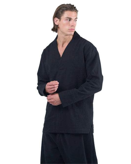 Black Ramie Relaxed V-neck Shirt