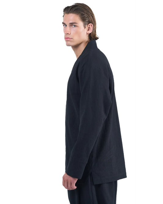 Black Ramie Relaxed V-neck Shirt