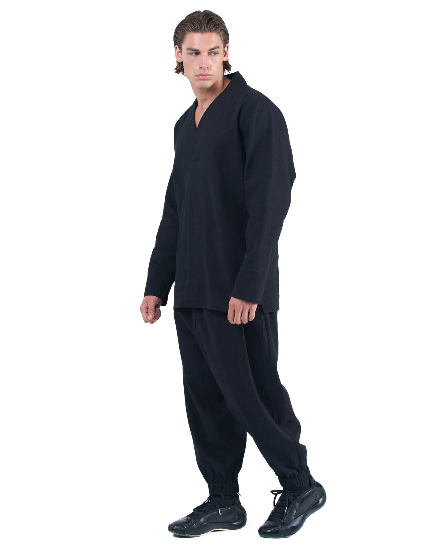 Black Ramie Relaxed V-neck Shirt