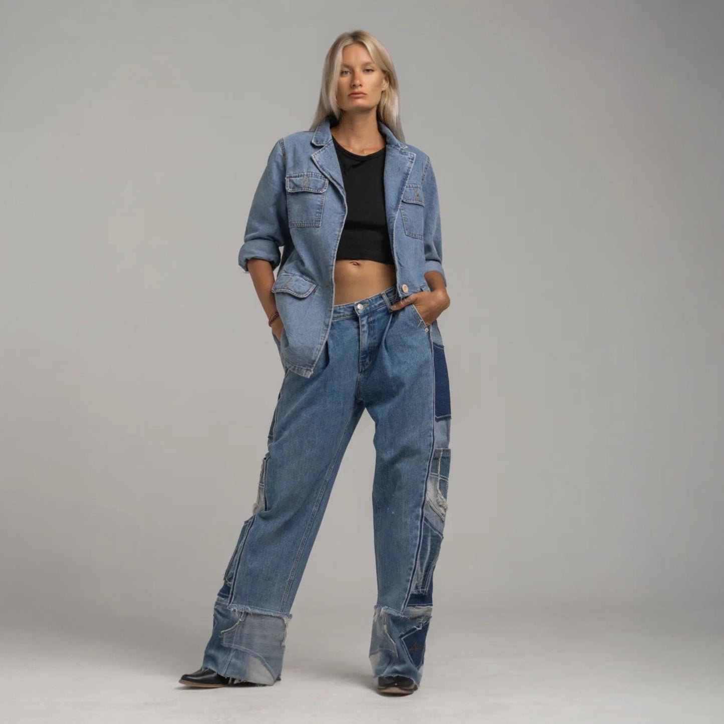 Zero waste denim mosaic pants dark blue