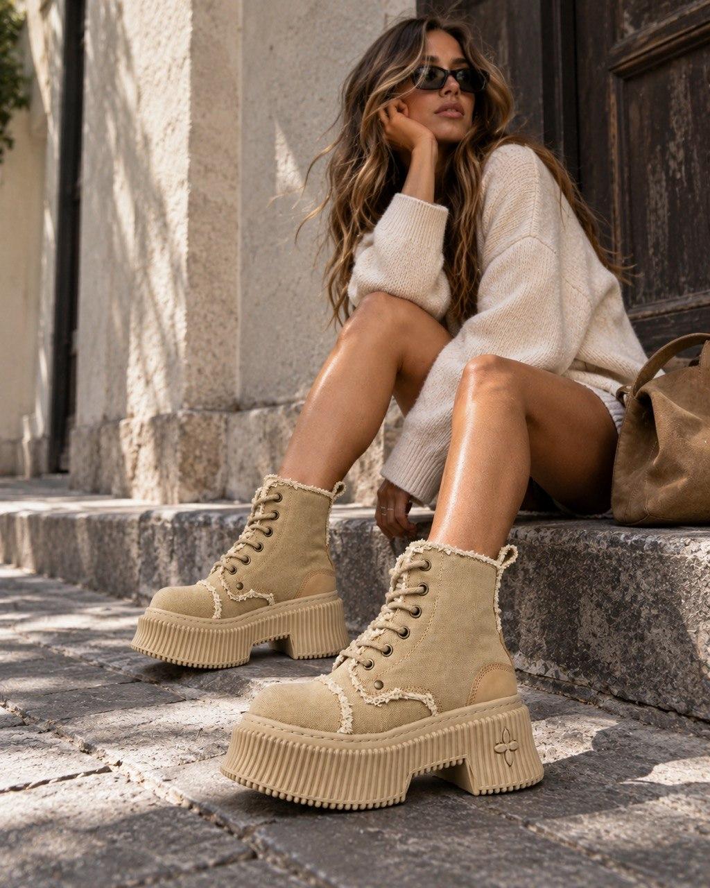 Beige Canvas Boots
