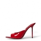 Red genuine patent leather open-toe stiletto mules, side view