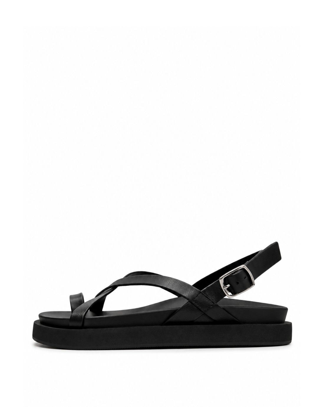 Black genuine leather toe-loop sandals with crossed straps and platform sole, side view
