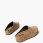 Taupe suede platform clogs, rear three-quarter view