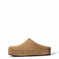 Taupe genuine suede platform clogs, side view