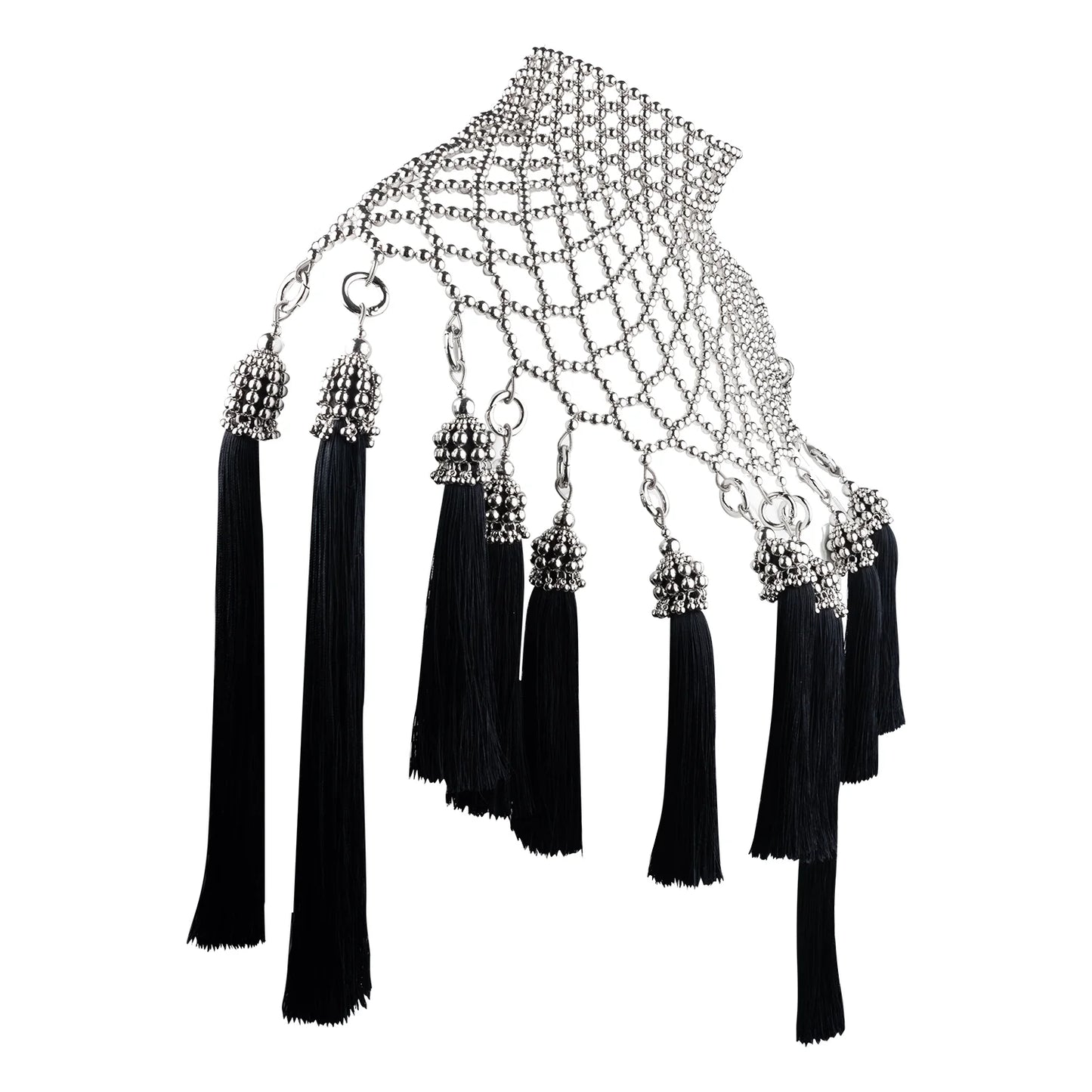 Silver Freja modular cape w/removable black tassels
